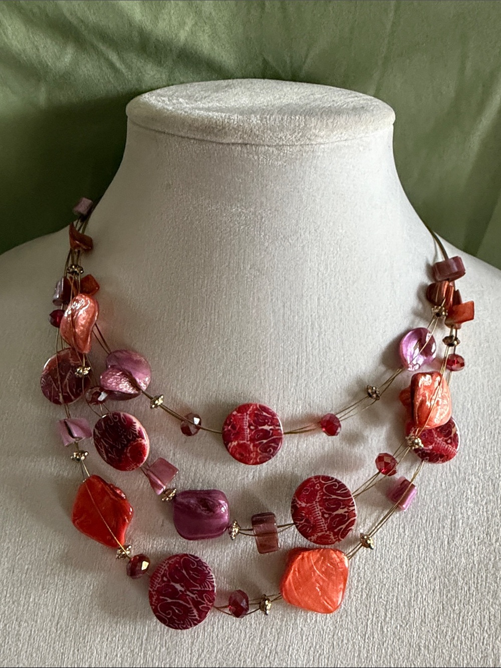 Multistrand Pink & Coral Shell Disc Necklace